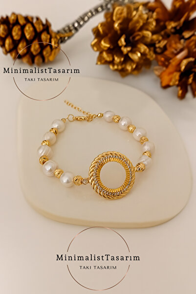 MinimalistTasarım Gerçek Incili Çeyrekli Bileklik, Çelik Çeyrek Takılan Bileklik, Gerçek Inci Bileklik, Çeyrekli Kolye