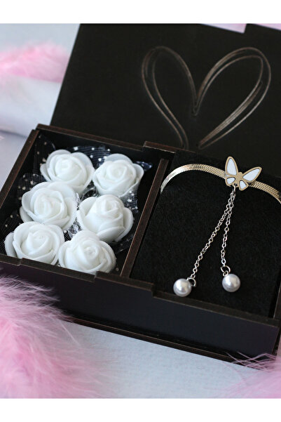 Dukkanka İtalyan Zincir Kelebek Saltantılı İnci Tasarım Çelik Kolye Beyaz Gül...