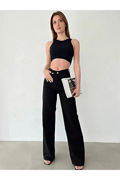 dressmix Pamela Kadın 90's Wide Leg Siyah Salaş Yüksek Bel Likralı Palazzo Jeans Kot Pantolon