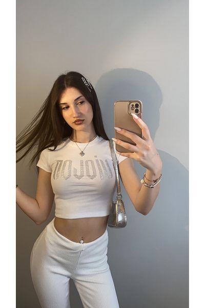 Violon White Glitter Stone Violin Pattern Women's Crop Bodysuit