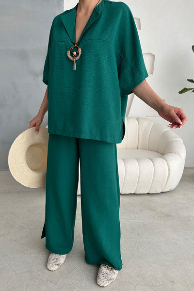 Ortaya Çık Dark Green Linen Cuff Slit Set