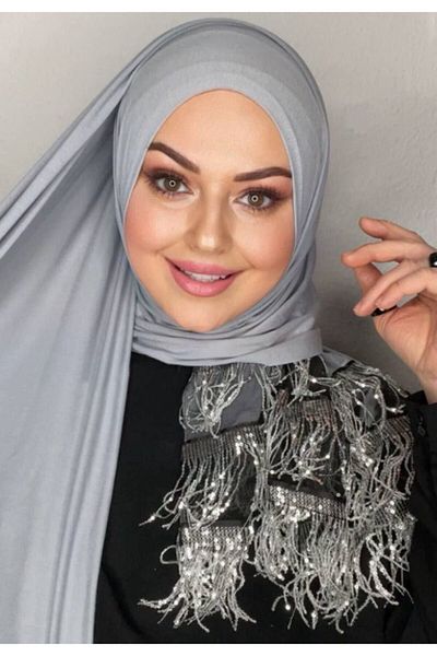 FLORA TEKSTİL Jarsey Diamond Wedding Hijab Shawl Gray Diamond Model