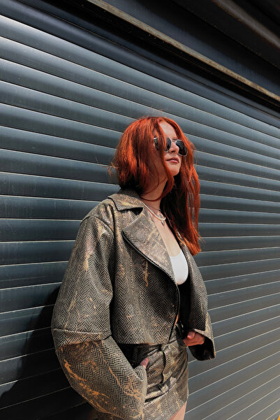 guay Oversize Bomber Ceket Fermuarlı Yılan Derisi Desenli