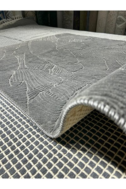 Merinos Kaymaz Taban Kesme Halı Rölyef Yapraklı Gold Antrasit