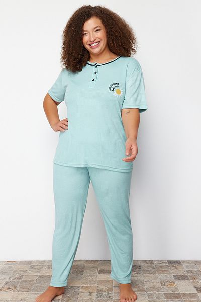 Trendyol Curve Mint Button Detailed Camisole Knitted Pajamas Set TBBSS24AI00099