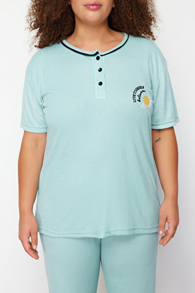 Trendyol Curve Mint Button Detailed Camisole Knitted Pajamas Set TBBSS24AI00099