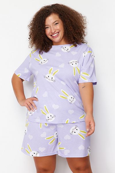 Trendyol Curve Lila Pyjama-Set mit Kaninchenmuster - Gestrickt TBBSS24AI00060