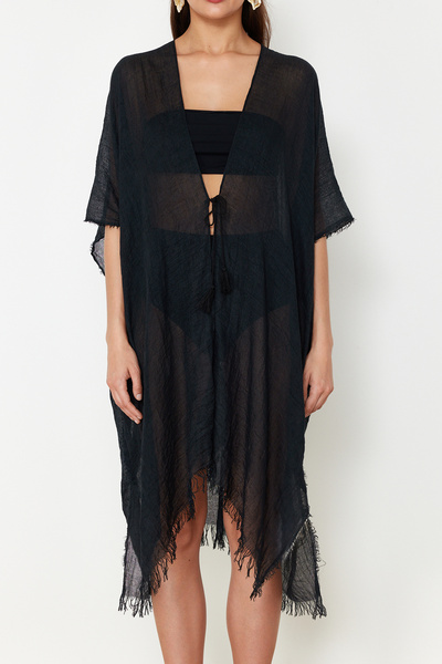 Trendyol Collection Black Midi Woven Tasseled Beach Kimono&Kaftan Tbess24Km00057
