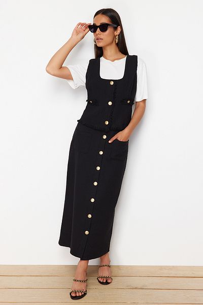 Trendyol Modest Fekete Tweed mellény szoknya szőtt alsó felső készlet TCTSS24US00013