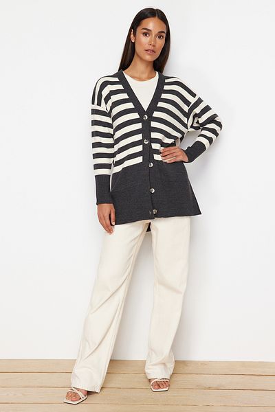 Trendyol Modest Anthracite V-Neck Striped Knitwear Cardigan TCTAW24TH00034