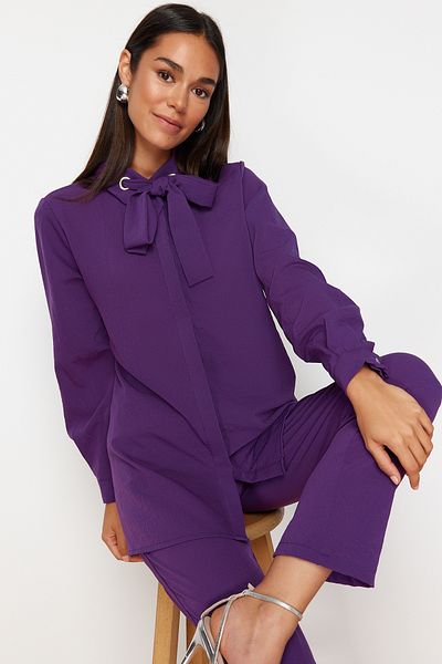 Trendyol Modest Purple Bird Eye Detailed Aerobin Woven Lower Upper Set TCTSS24US00054