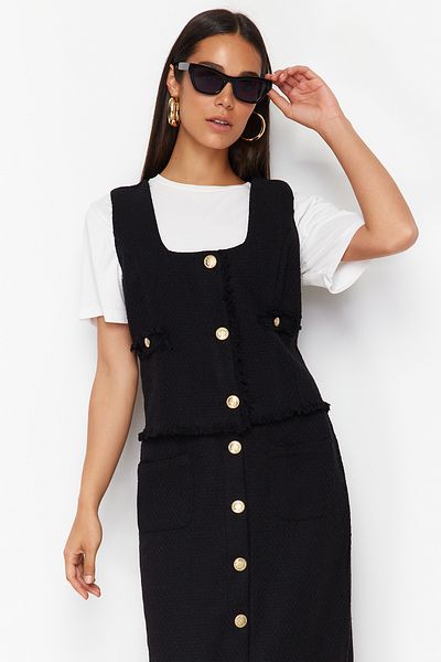 Trendyol Modest Fekete Tweed mellény szoknya szőtt alsó felső készlet TCTSS24US00013