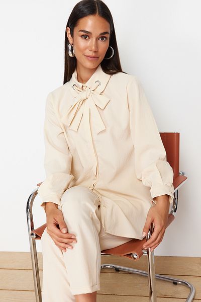 Trendyol Modest Beige Bird Eye Detailed Aerobin Woven Bottom Top Set TCTSS24US00054