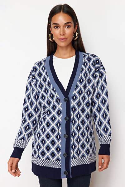 Trendyol Modest Navy Blue Jacquard Button Detailed Knitwear Cardigan TCTAW22TH0013