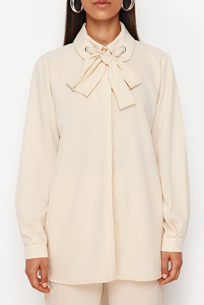 Trendyol Modest Beige Bird Eye Detailed Aerobin Woven Bottom Top Set TCTSS24US00054