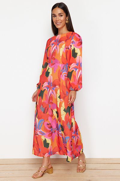 Trendyol Modest Piros virágmintás szőtt vászon megjelenés ruha TCTSS24EB00102