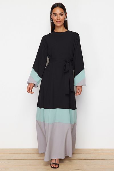 Trendyol Modest Black Color Blocked Wrapped Fabric Woven Dress TCTSS24EB00237