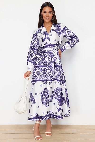 Trendyol Modest Lila szőtt szatén mintás ing estélyi ruha TCTSS24EB00039