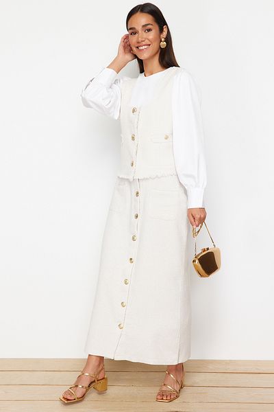 Trendyol Modest Stone Tweed Vest Skirt Woven Bottom Top Set TCTSS24US00013