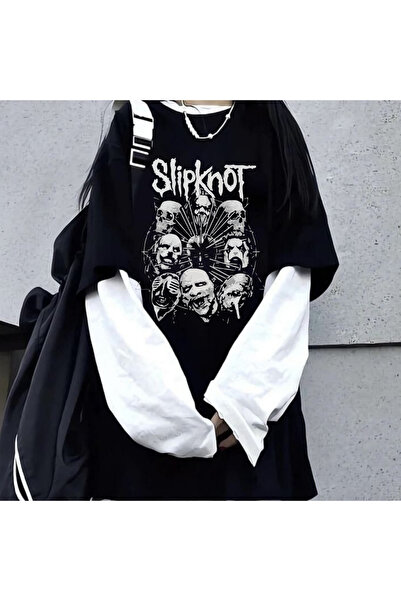 Genel Markalar Very Kind  Slipknot Unisex Oversize Fake Kollu Beyaz T-Shirt