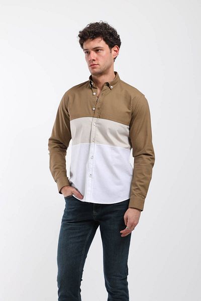 Keep Out Men's Pieced Long Sleeve Shirt Camel