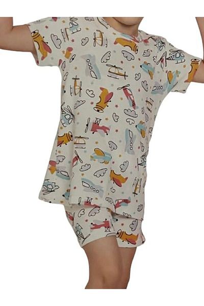 Elmas Ecru Helicopter Patterned Crew Neck 100% Cotton Boys' Pajamas Set