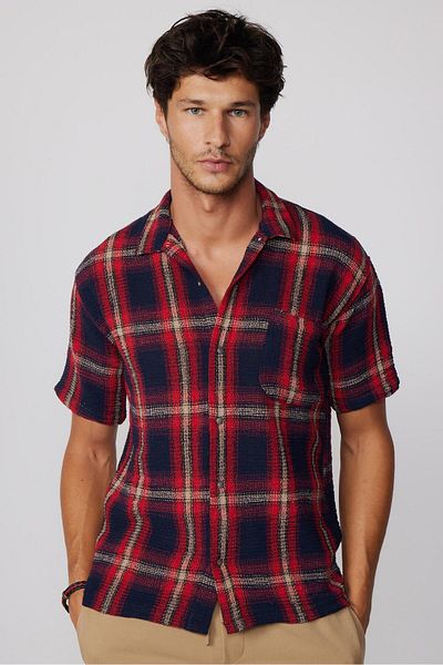Tudors Ανδρικό πουκάμισο με κοντό μανίκι Relax Fit Snap-On καρό πλεκτό κυψελοειδές ανδρικό πουκάμισο
