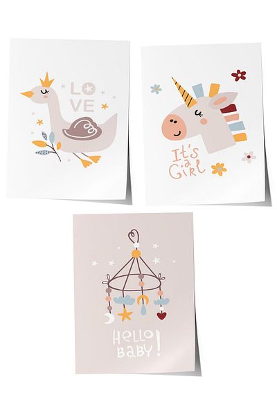 Postifull Set de 3 picturi pentru camera bebelușului, decor de perete pentru camera bebelușului, decor camera copiilor, poster fără cadru