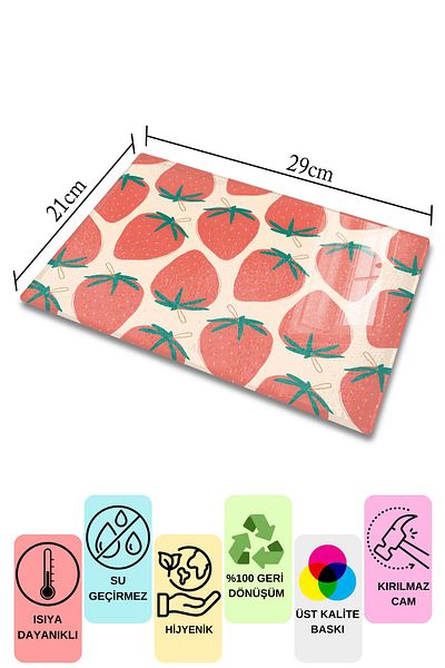Postifull Glass Cutting Board - Strawberry Drawing - 21*30cm - Chopping Board - Aesthetic, Decorative Presentation Board