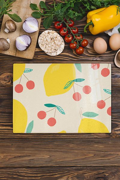 Postifull Glass Cutting Board - Lemon Drawing - 21*30cm - Chopping Board - Aesthetic, Decorative Presentation Board