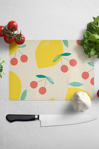 Postifull Glass Cutting Board - Lemon Drawing - 21*30cm - Chopping Board - Aesthetic, Decorative Presentation Board