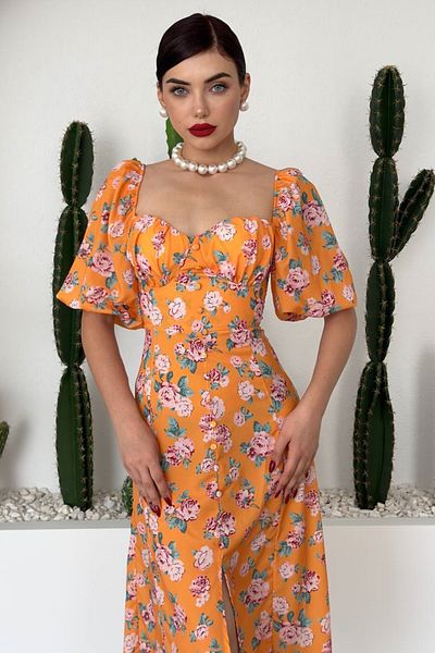 WOMAN VISION Rochie midi de damă, portocaliu, cu imprimeu floral, cu nasturi și fante, cu mâneci prințesă 255