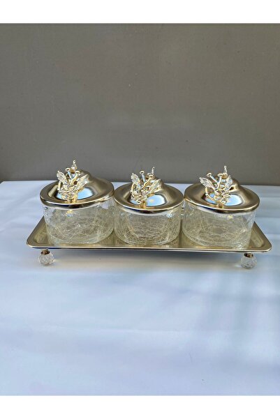 AZADE BAKIR TEPSİLİ 3LÜ KAPAKLI CAM SUNUMLUK KASE GÜMÜŞ RENK