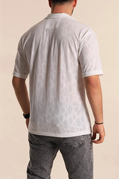 vuvutasarım New Season White Oversize Linen Perforated Short Sleeve Men's Shirt