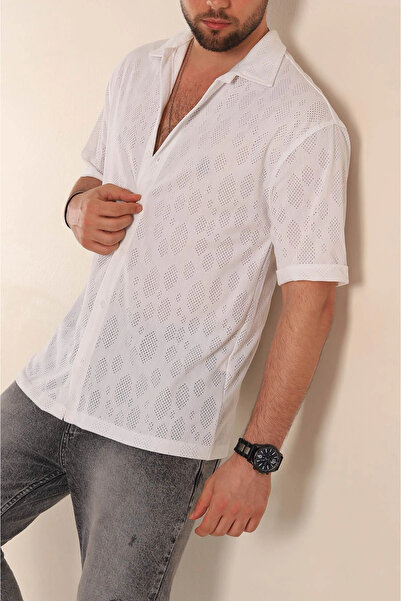 vuvutasarım New Season White Oversize Linen Perforated Short Sleeve Men's Shirt