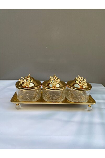 AZADE BAKIR JAPON GÜLLÜ TEPSİLİ SUNUMLUK KAPAKLI GOLD RENK