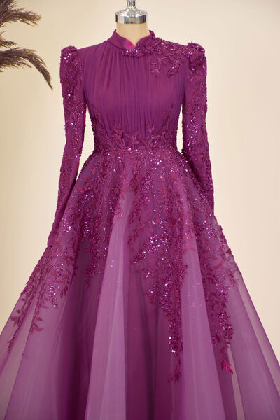 PİENNAR فستان سهرة حجاب فوشيا سيرا - مطرز بالزهور