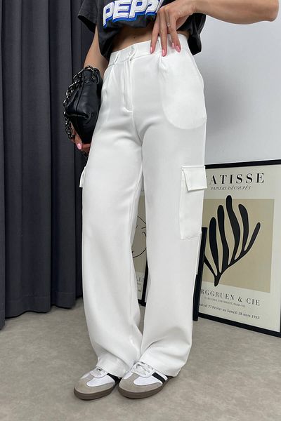 Sue Store Pantaloni albi cu buzunar cargo cu talie înaltă