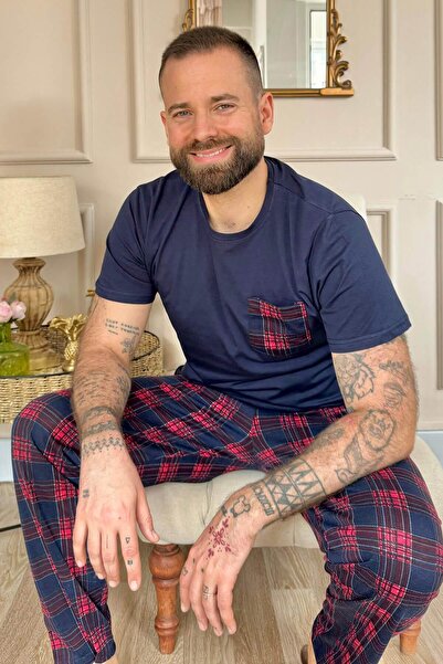 Pijamaevi Lacivert Kırmızı Ekose Cep Detay Ekose Kısa Kollu Erkek Pijama Takımı