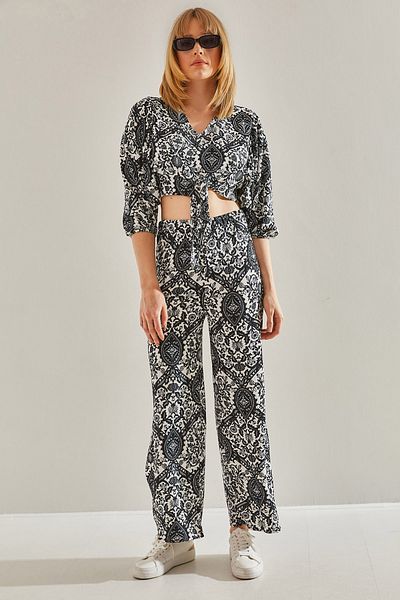 Bianco Lucci Schwarzes Palazzo-Set mit elastischem Rücken und Ärmeln zum Binden für Damen, kurzes Oberteil und Hose60251033