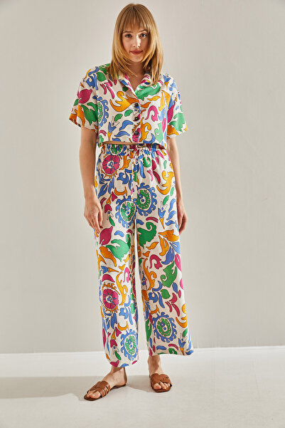 Bianco Lucci Women's Orange Ethnic Patterned Palazzo Double Pants Crop Set60251023