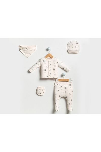 Bubbles Panda Patterned Natural 5-Piece Hospital Discharge Bodysuit Set