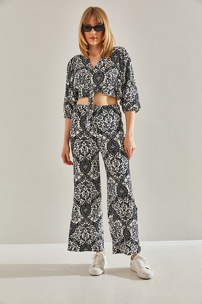 Bianco Lucci Schwarzes Palazzo-Set mit elastischem Rücken und Ärmeln zum Binden für Damen, kurzes Oberteil und Hose60251033