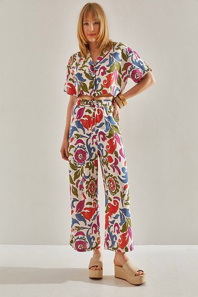 Bianco Lucci Women's Red Ethnic Patterned Palazzo Double Pants Crop Suit60251023