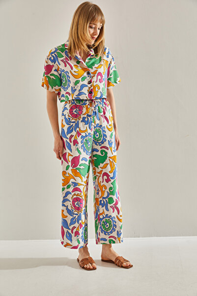 Bianco Lucci Women's Orange Ethnic Patterned Palazzo Double Pants Crop Set60251023