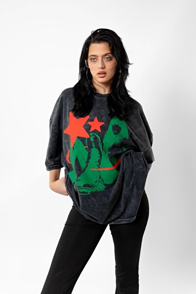 Bak Moda Μπλουζάκι Unisex με στάμπα Star Girl Washed Black Oversize