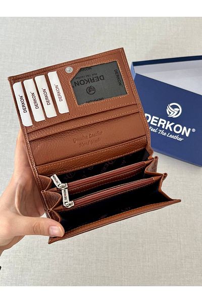 DERKON Mendy Model Useful Genuine Leather Medium Size Women's Wallet Tan Color
