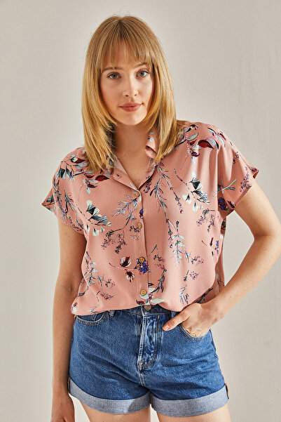 Bianco Lucci Koszula wiskozowa damska w kolorze pudrowym – z krótkim rękawem, wzorzysta40831005