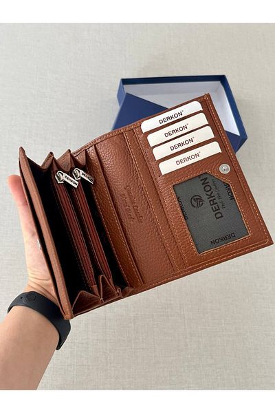 DERKON Mendy Model Useful Genuine Leather Medium Size Women's Wallet Tan Color