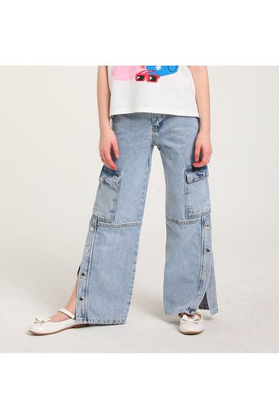Escabel Çaren Kids- Pantaloni din denim pentru fete cu buzunare cargo cu fermoar cu fermoar
